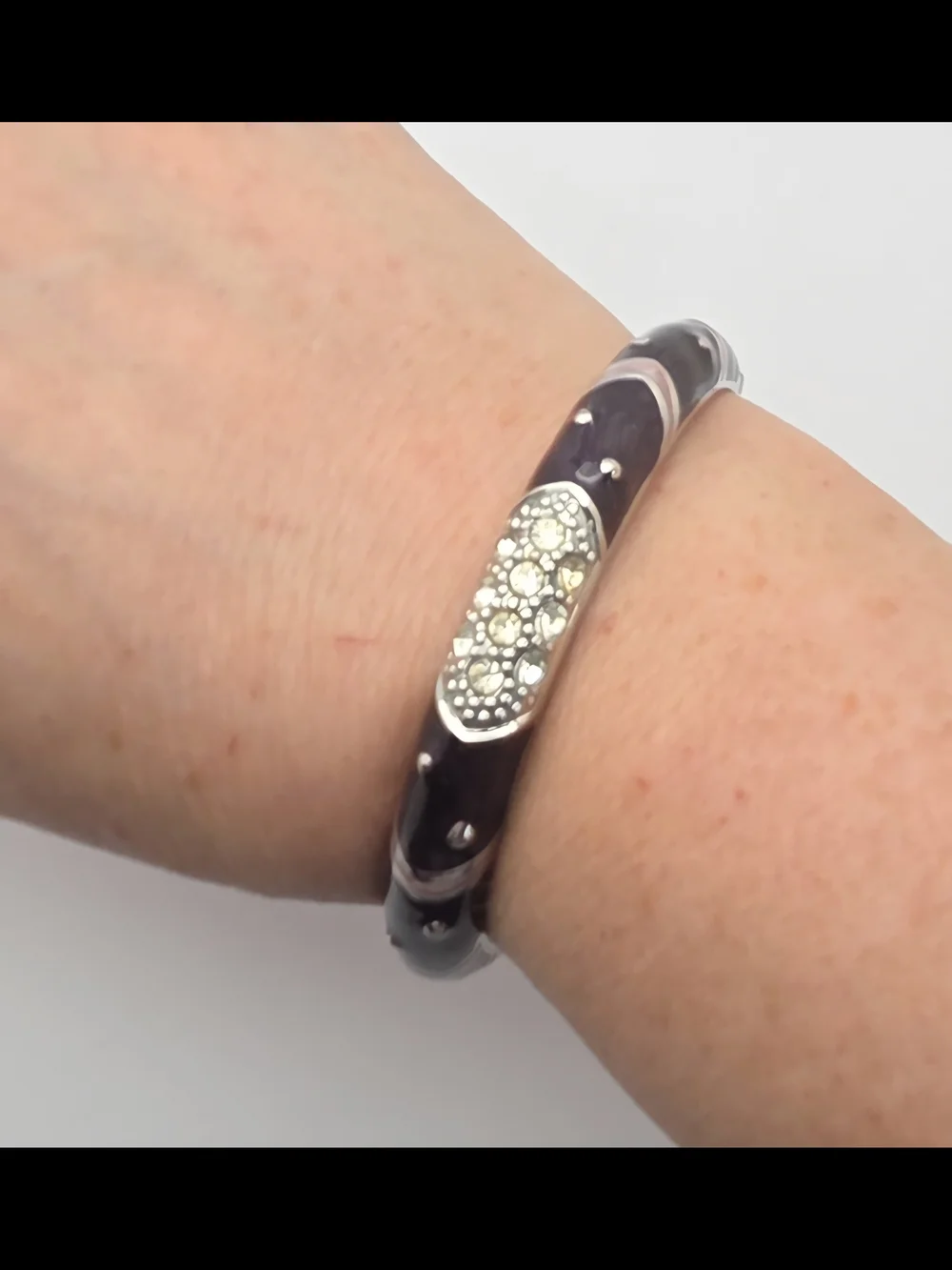 Premier Designs Purple & Pink Enamel Hinged Bangle Silver Tone Rhinestone Accent